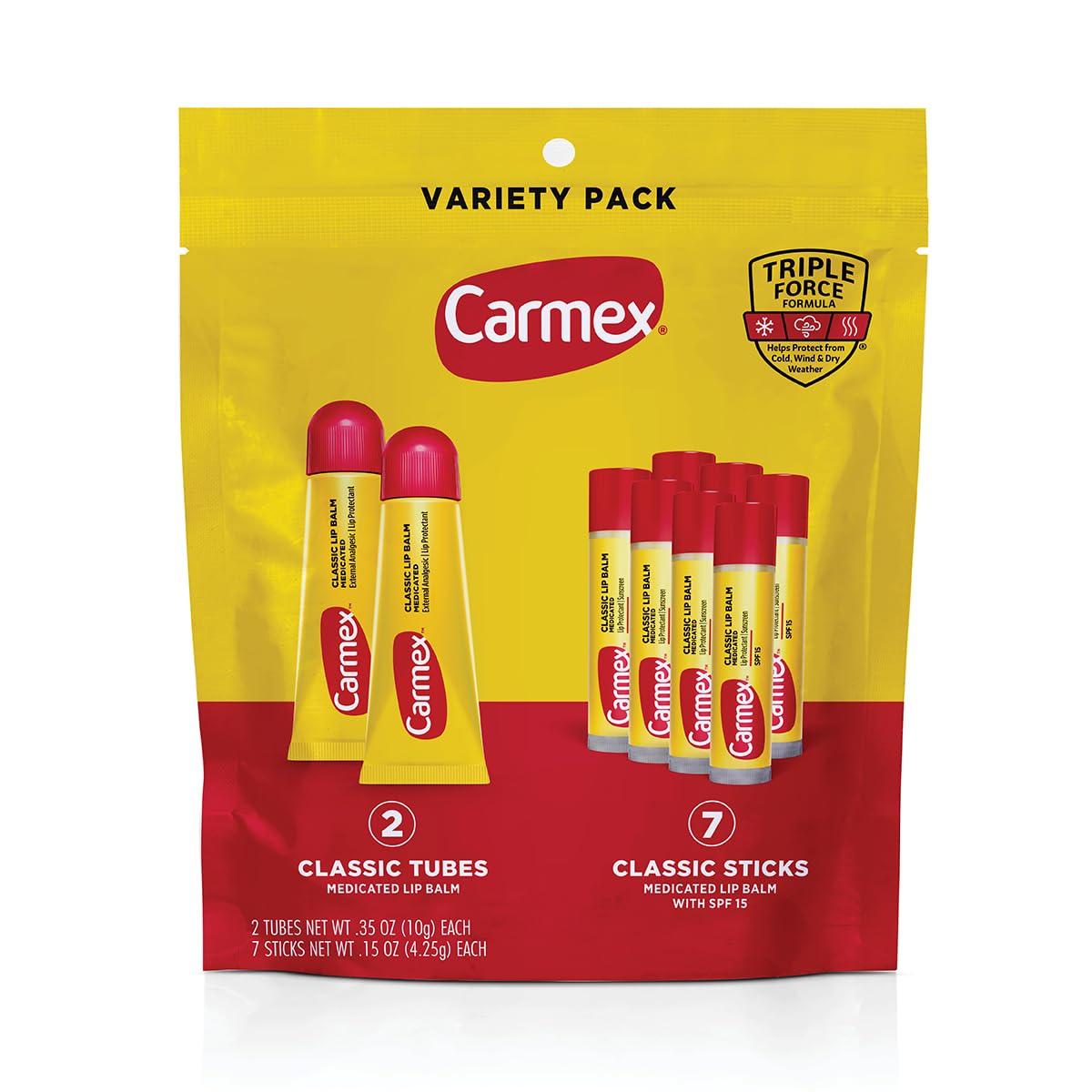 Carmex paquete frontal mostrando 2 tubos y 7 sticks facilita llevar protección