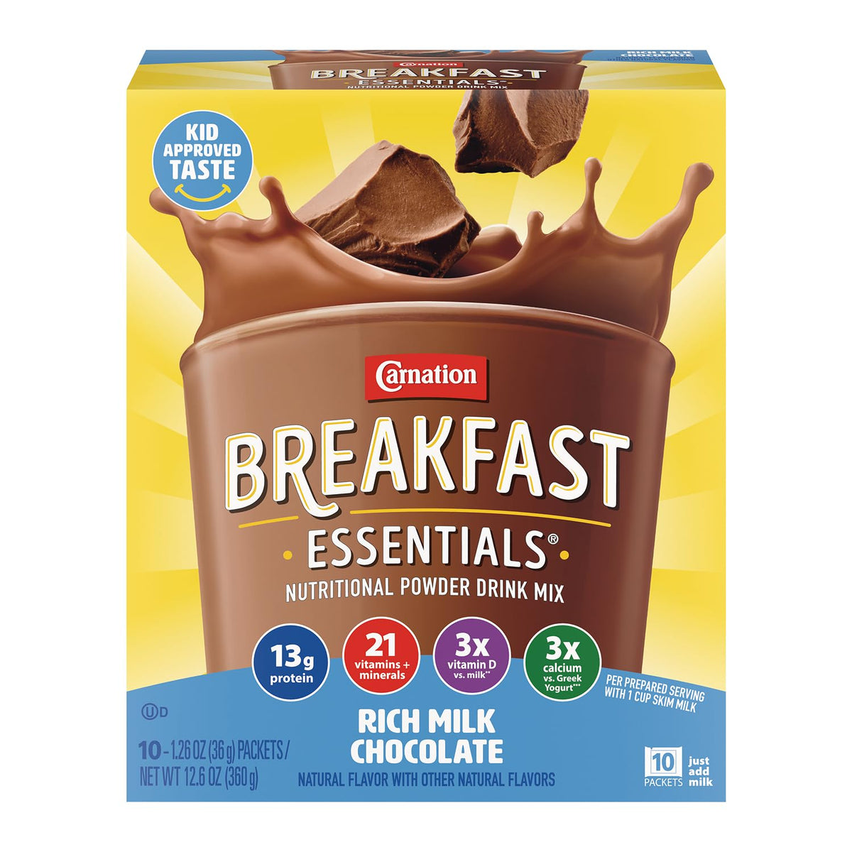 Carnation Breakfast Essentials frasco delantero mostrando el envase y facilidad