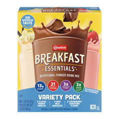 Carnation Breakfast Essentials empaque frontal mostrando información nutricional y ventajas