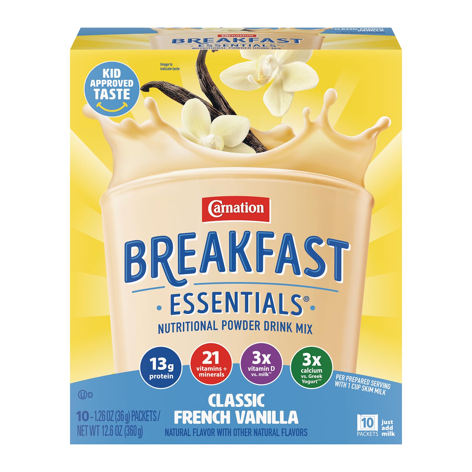 Carnation Breakfast Essentials frente del envase mostrando el producto y conveniencia