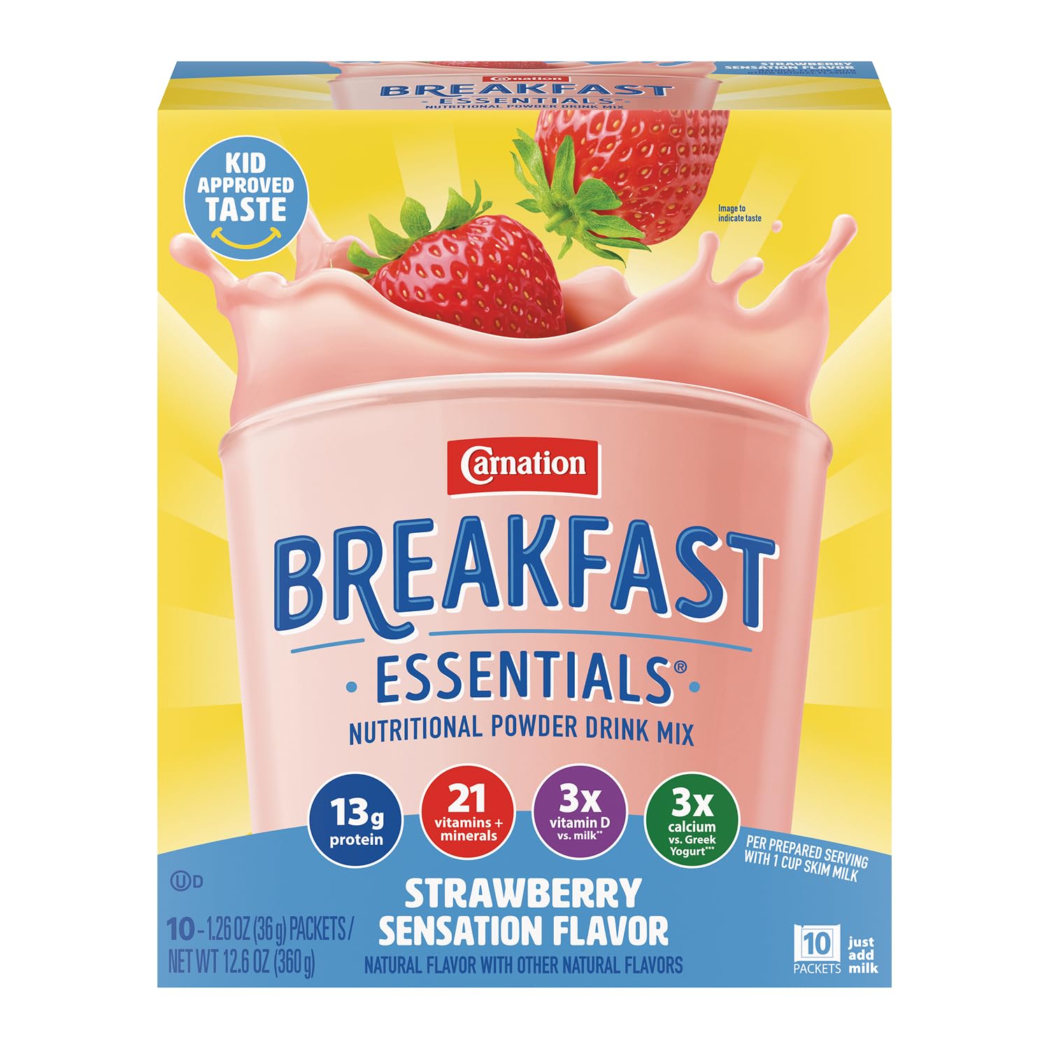 Carnation Breakfast Essentials frente del empaque mostrando fresa y instrucciones, práctico para desayunos rápidos