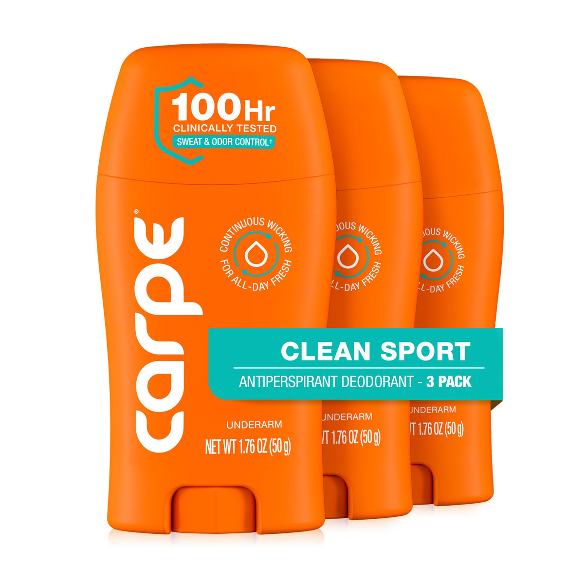Carpe Clean Sport frente del pack 3 mostrando envases y beneficio de protección prolongada