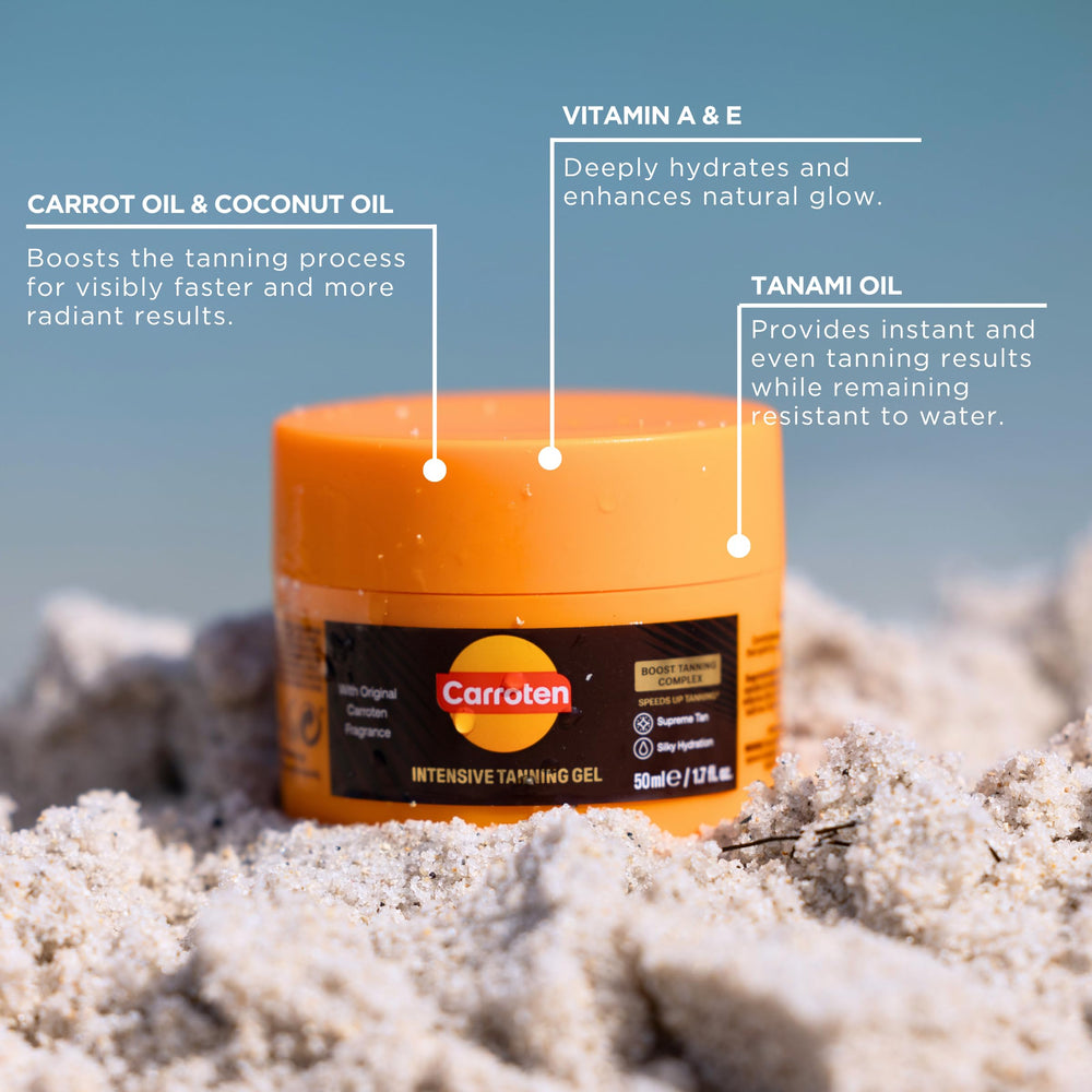 Carroten etiqueta Infinite Tan System destacando activos naturales