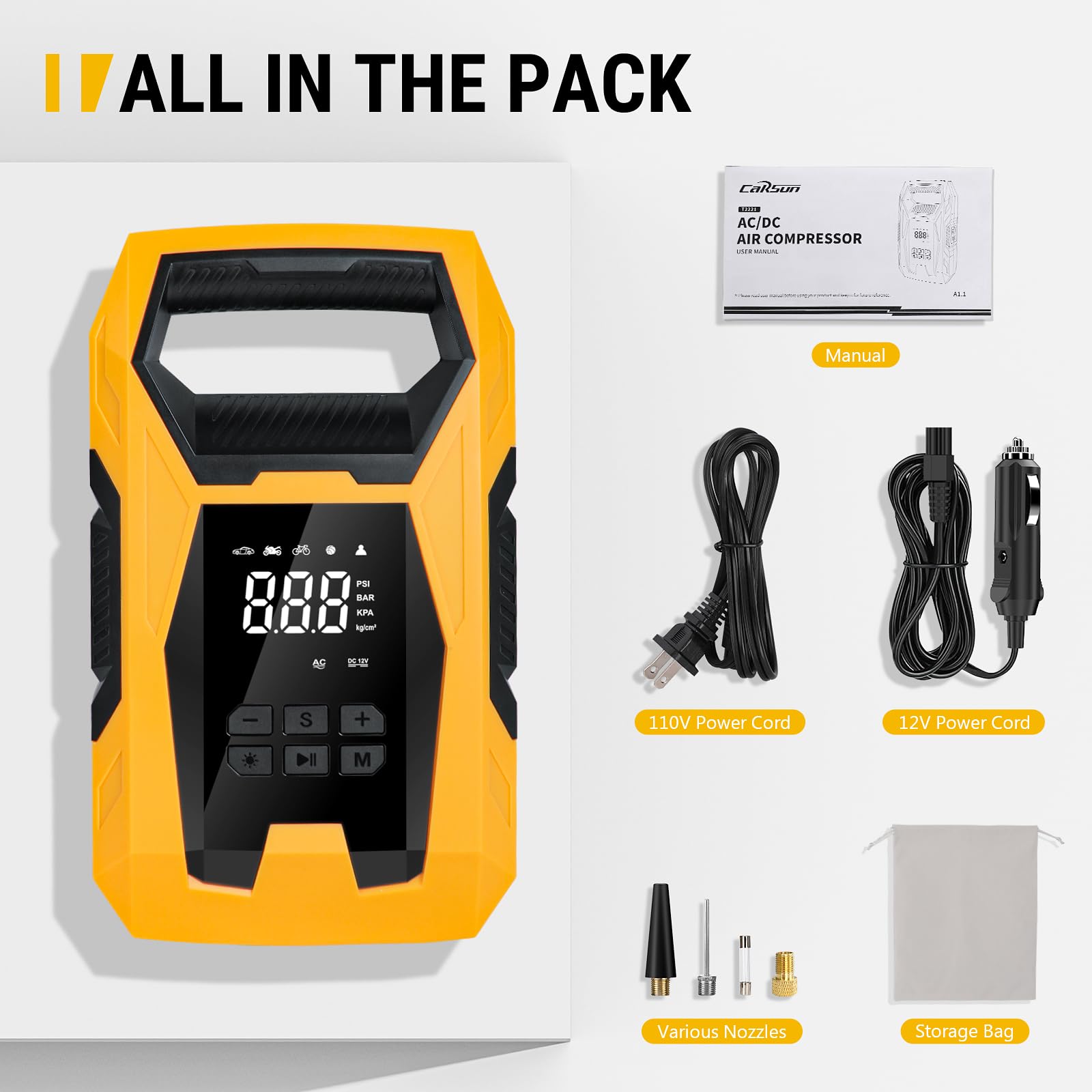 CARSUN compresor dentro de funda de almacenamiento, transporte ordenado