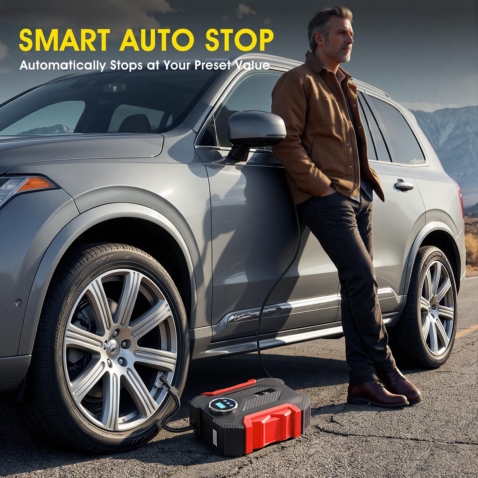 CARSUN inflator connected to a car tire valve to quickly restore pressure