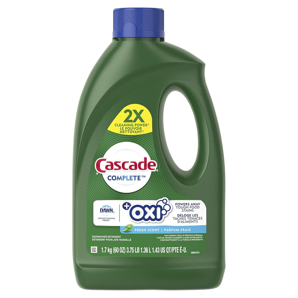 Cascade gel frontal 60 fl oz botella mostrando etiqueta y beneficio limpieza potente