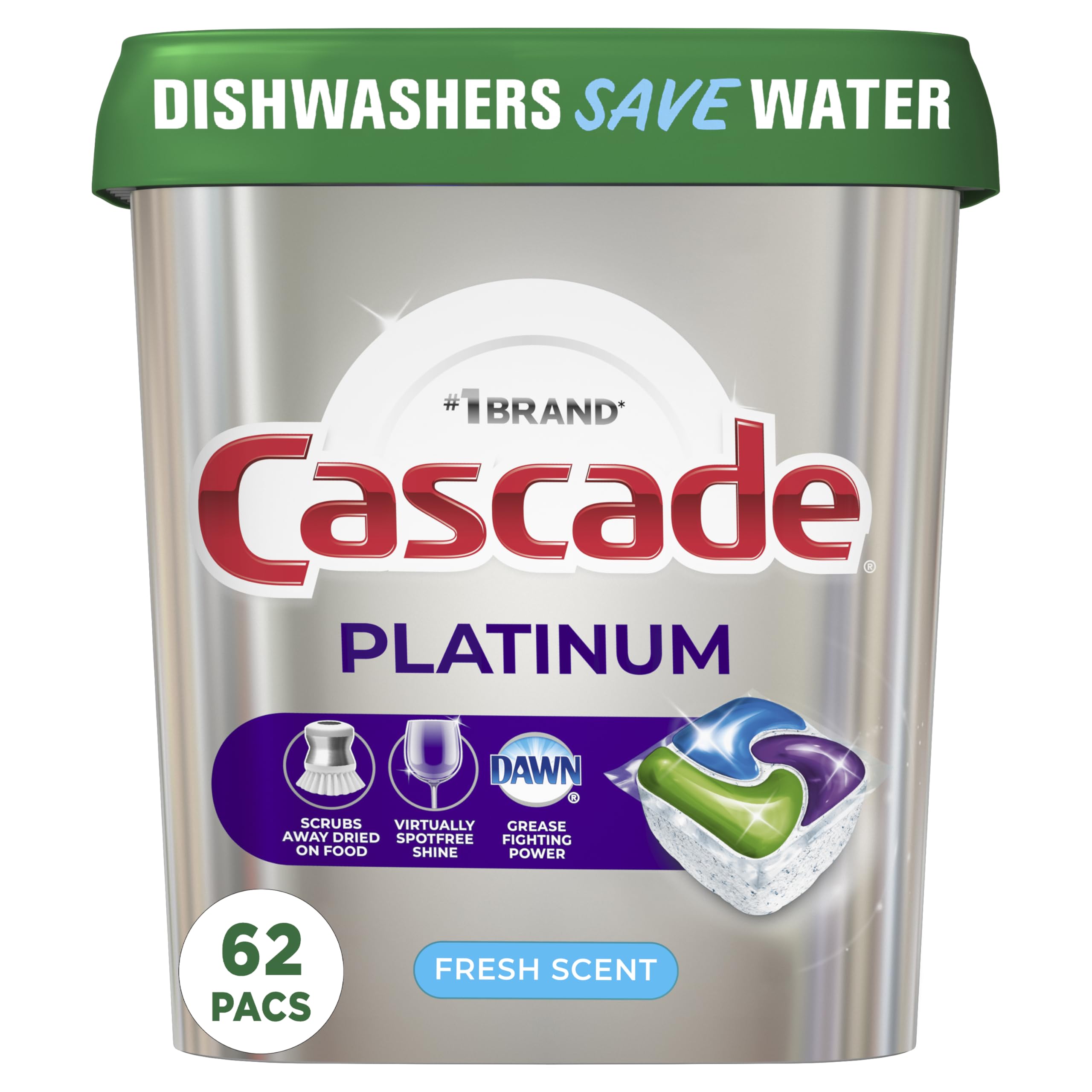 Cascade frente del empaque mostrando 62 pastillas con beneficios de limpieza