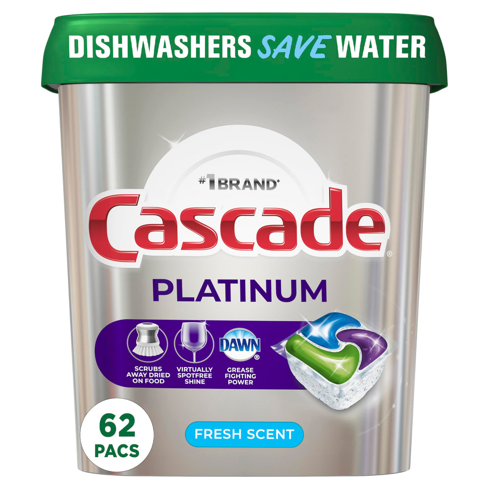 Cascade frente del empaque mostrando 62 pastillas con beneficios de limpieza