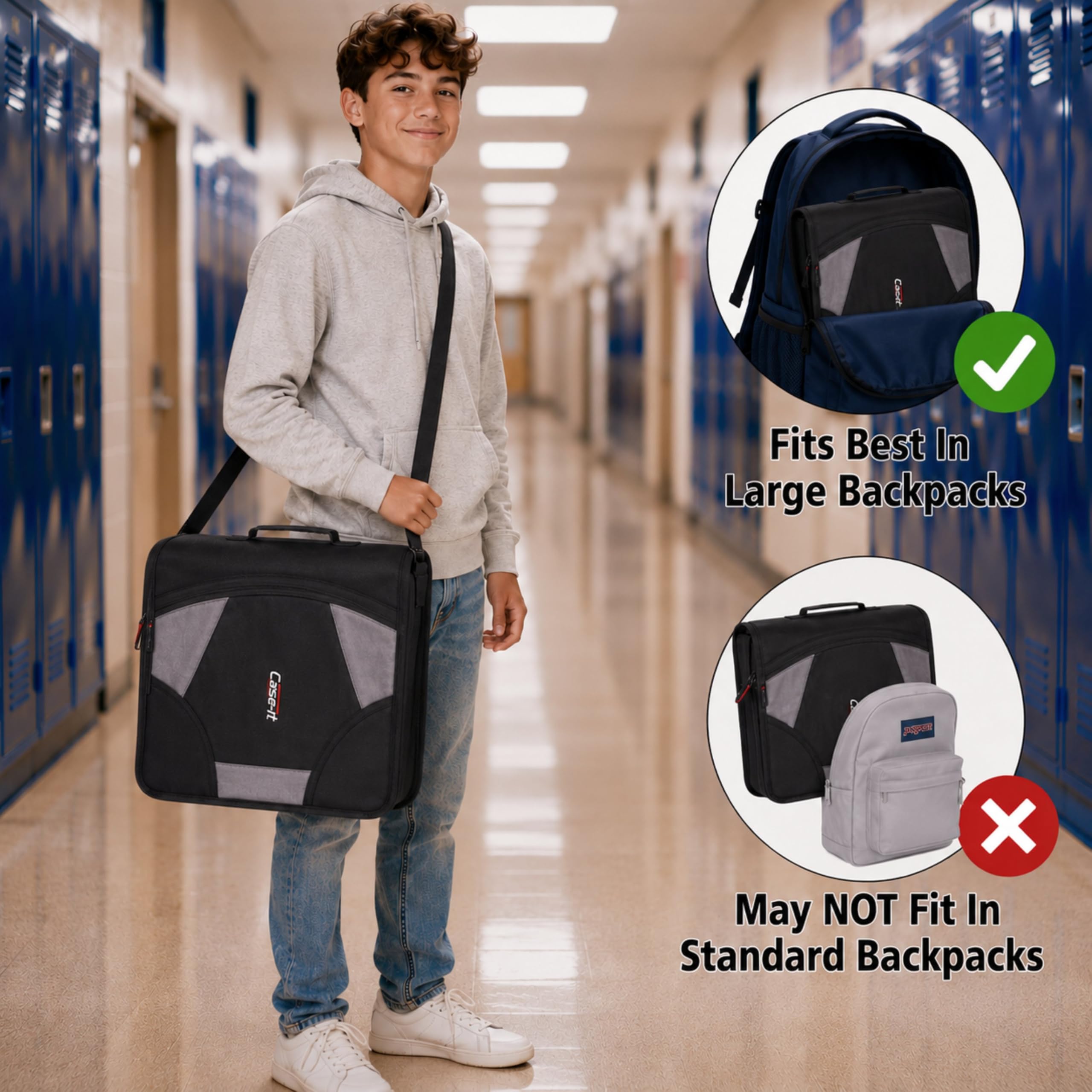 Case-it carpeta colocada en mochila grande demostrando compatibilidad de tamaño