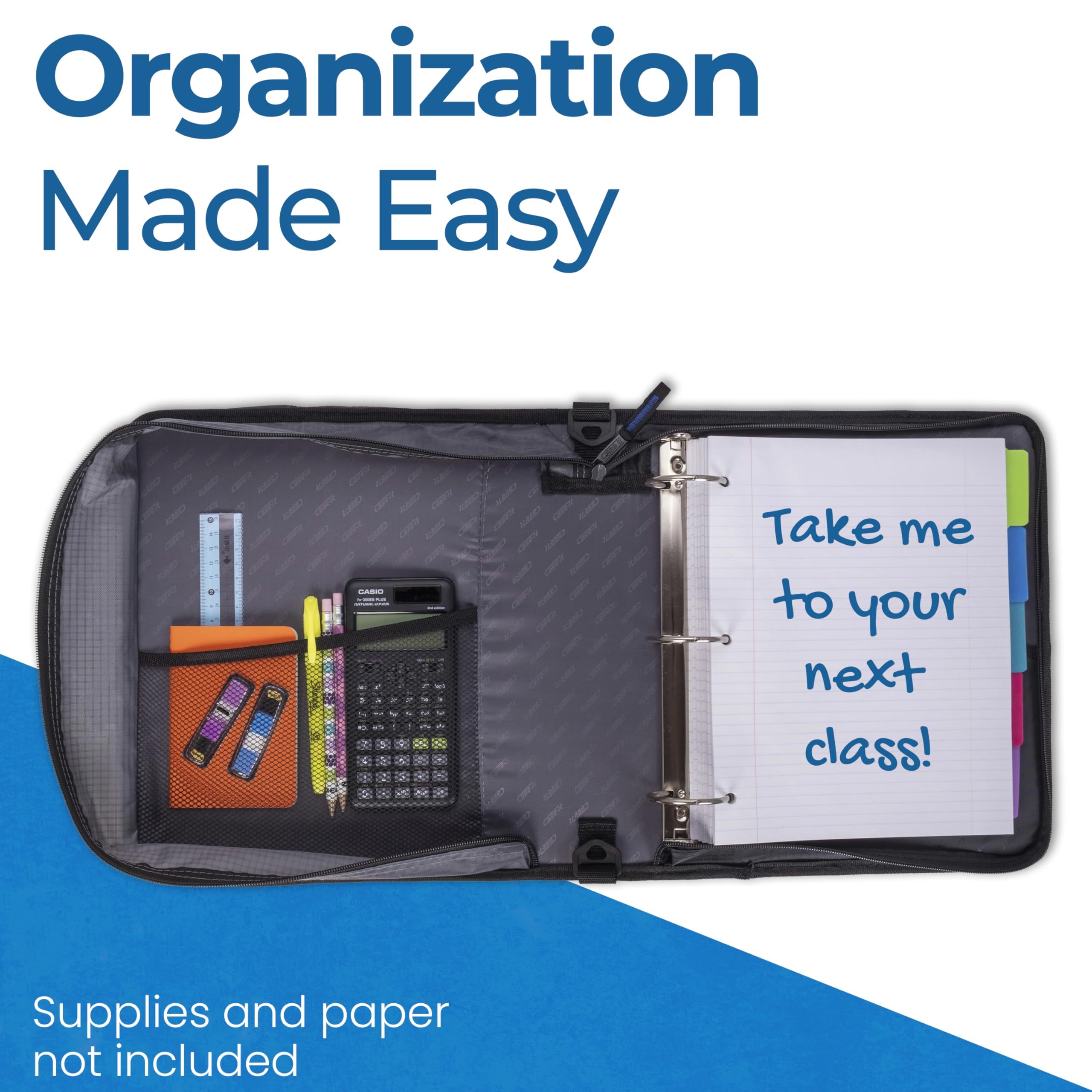 Case-it interior mostrando bolsillos y organización para útiles escolares