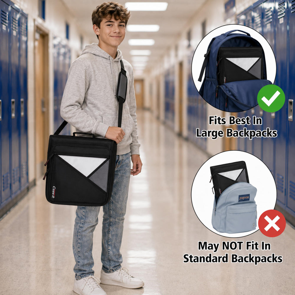 Case-it comparación de tamaño junto a una mochila grande para ajuste recomendado
