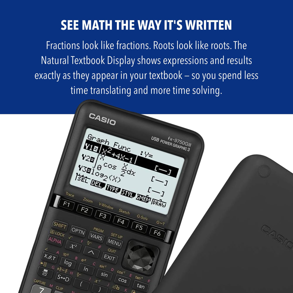 Casio fx-9750GIII en uso por un estudiante para resolver gráficas