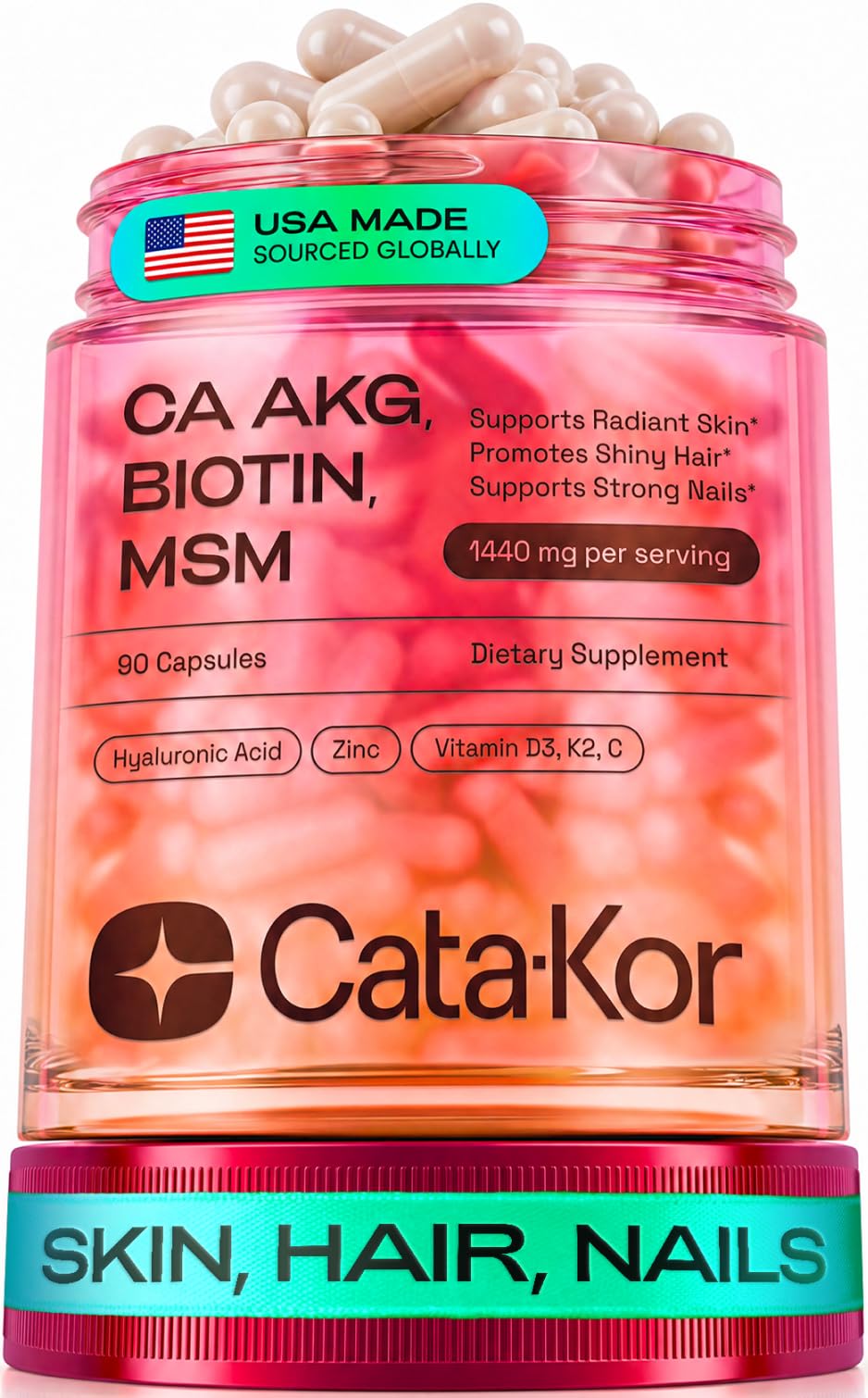 Cata-Kor frasco frontal mostrando etiqueta y beneficio estético