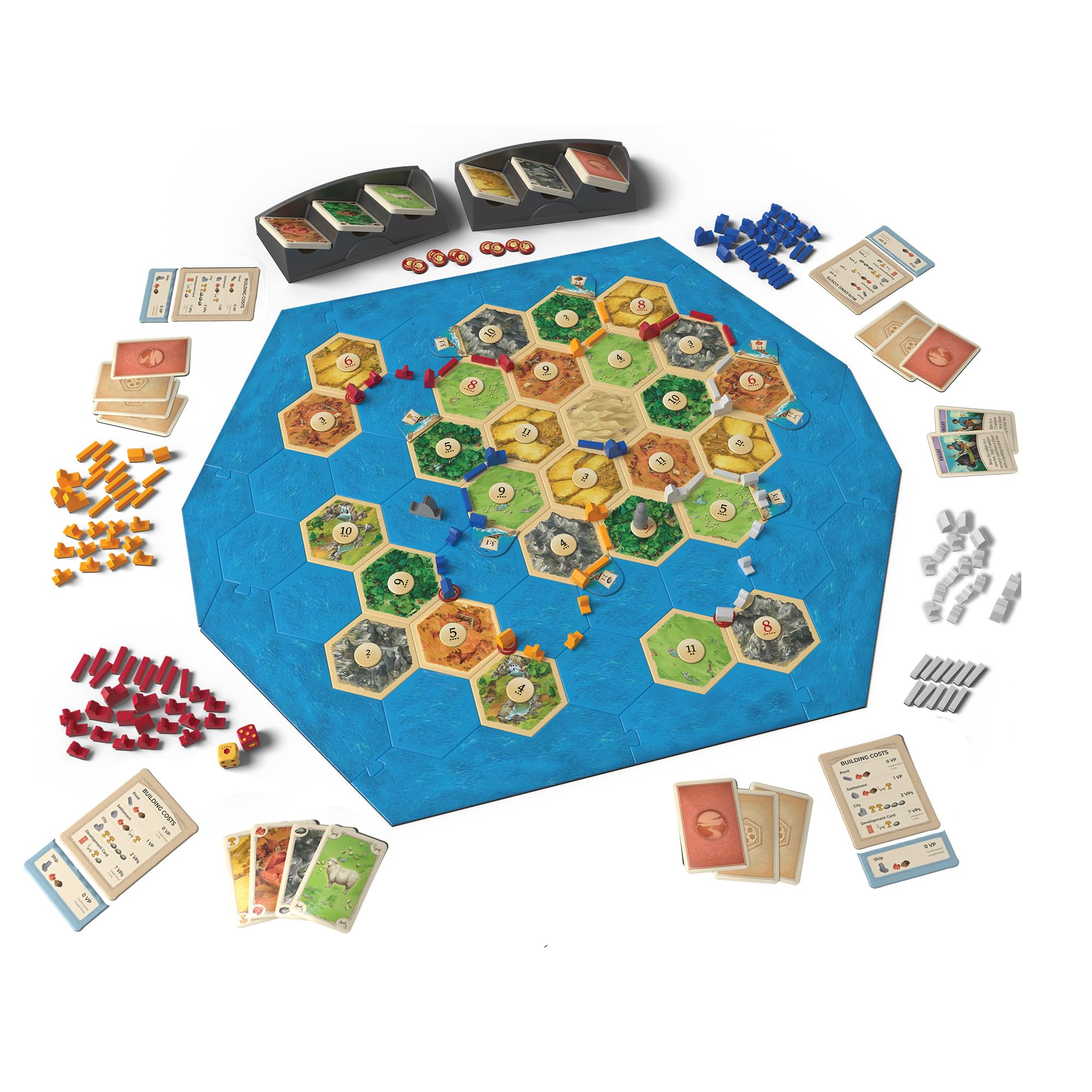 CATAN close-up de fichas de barco y piezas que facilita construcción rápida