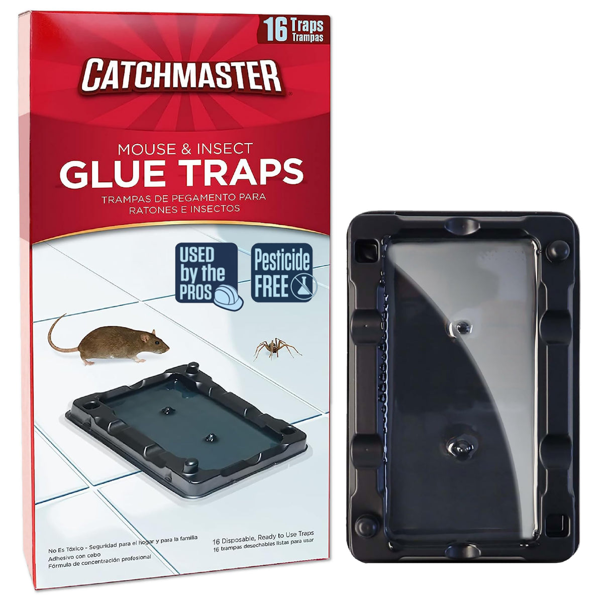 catchmaster paquete frontal mostrando 16 trampas, control efectivo sin químicos