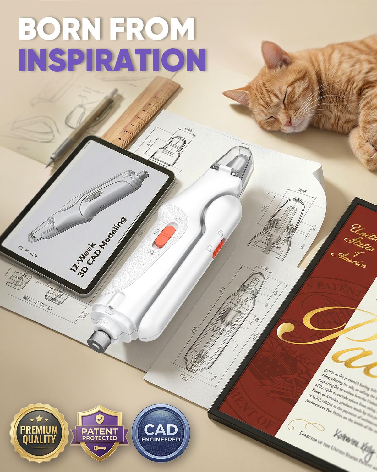 CATPICK en uso con gato demostrando baja vibración y calma