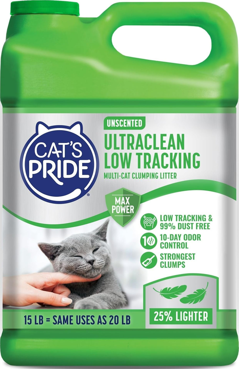Cat's Pride envase frontal 15 lb mostrando diseño y manejabilidad