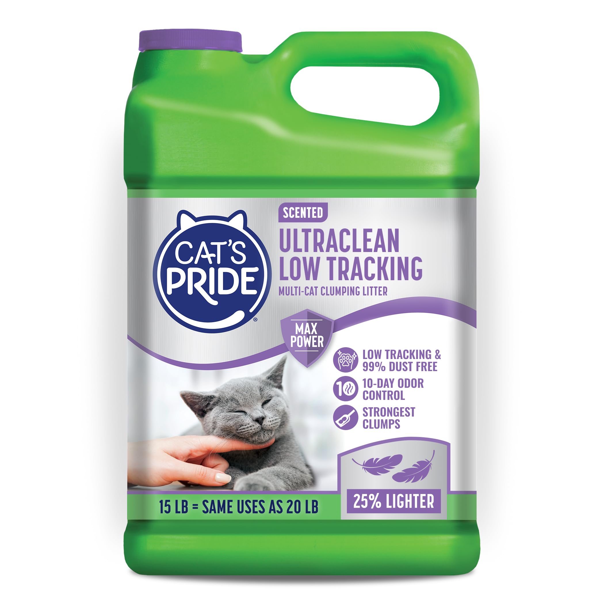 Cat's Pride frente del envase mostrando etiqueta y tamaño 15 lb, fácil identificación