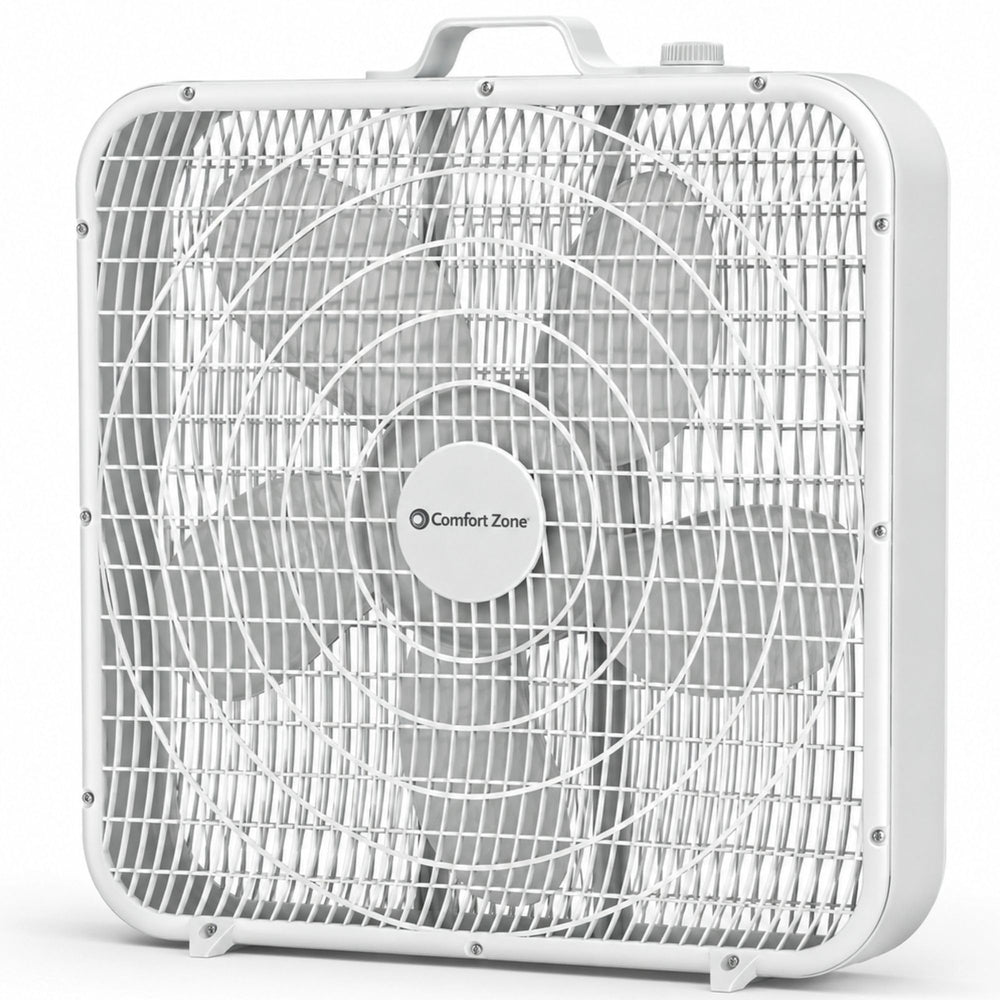 CCC COMFORT ZONE ventilador frontal mostrando diseño blanco y beneficio de circulación potente