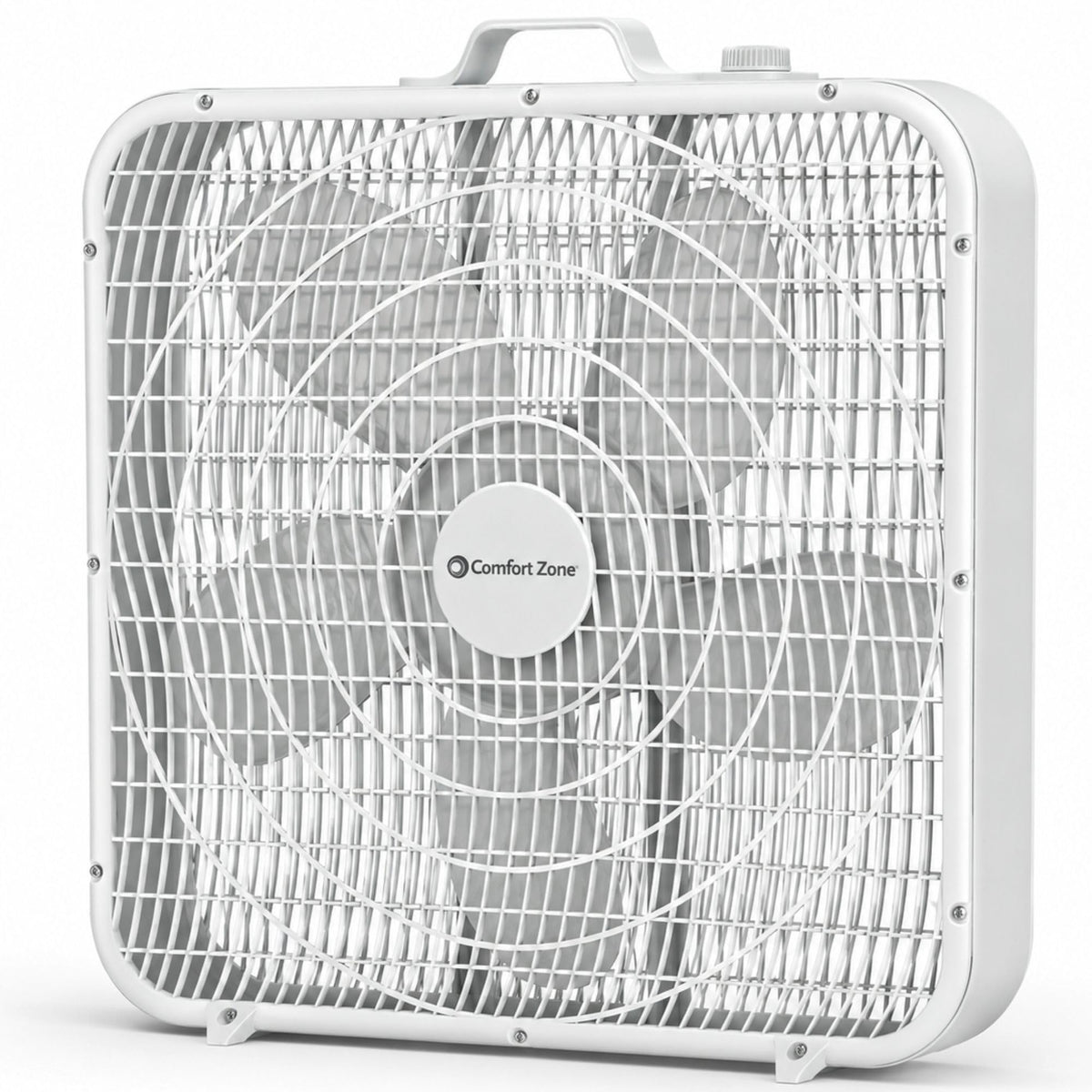 CCC COMFORT ZONE ventilador frontal mostrando diseño blanco y beneficio de circulación potente