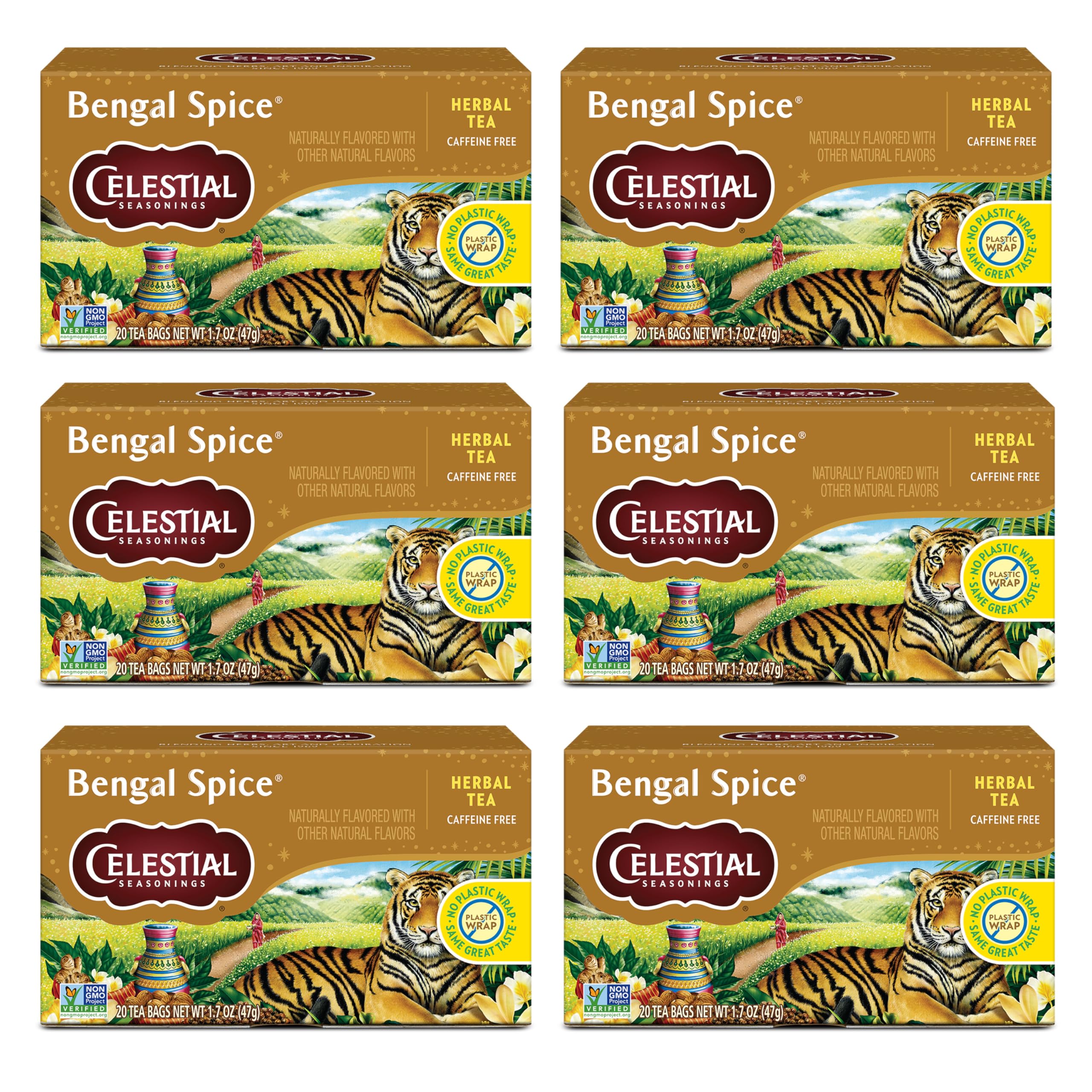 Celestial Seasonings frente del paquete mostrando diseño y cantidad de bolsitas, fácil identificación