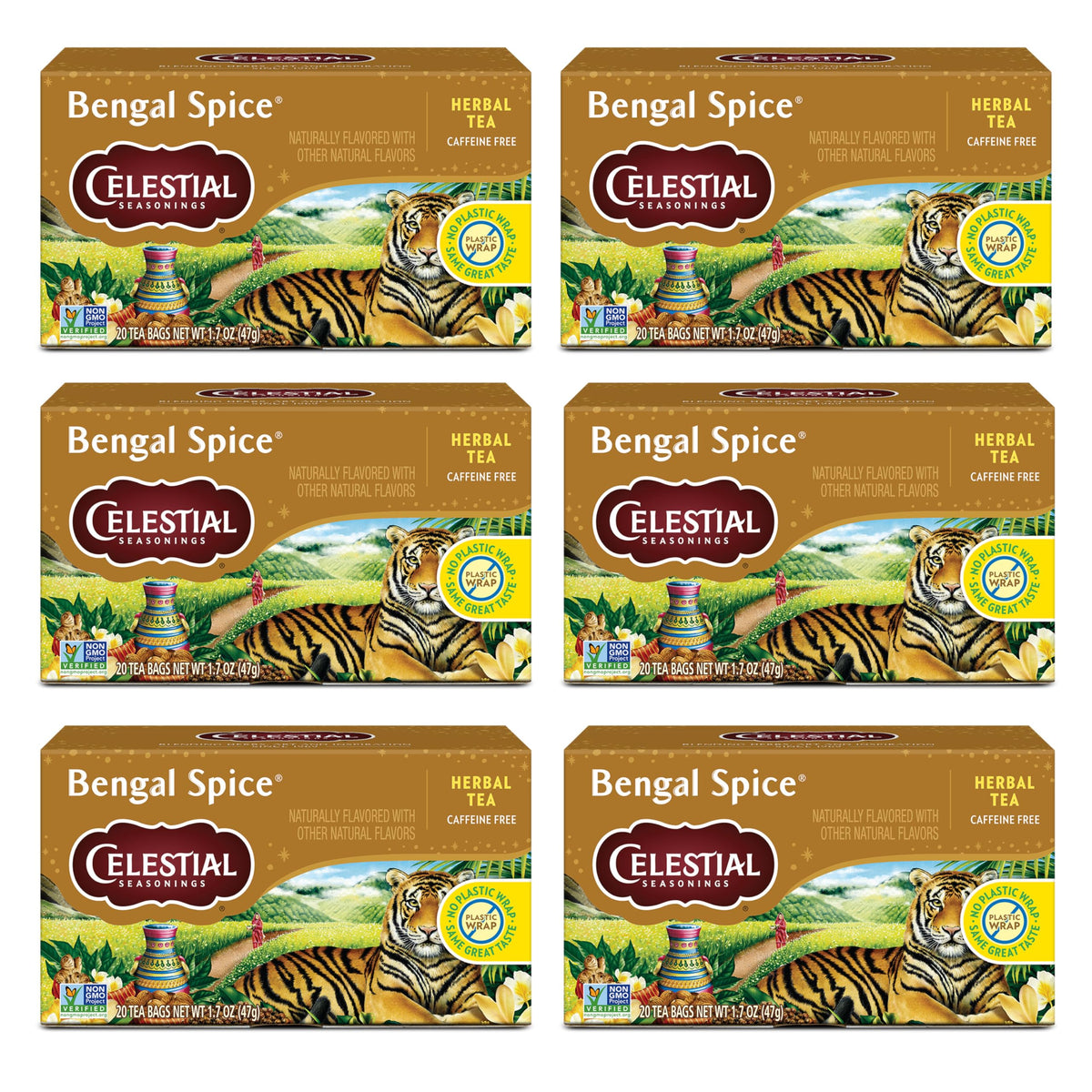 Celestial Seasonings frente del paquete mostrando diseño y cantidad de bolsitas, fácil identificación