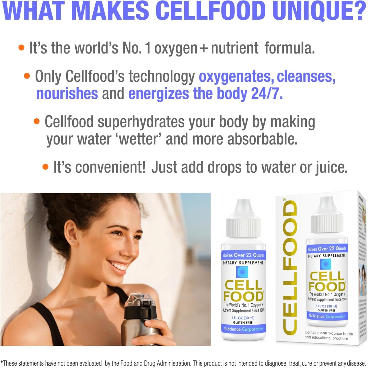 Cellfood gotas disolviéndose en agua, visual de mezcla rápida y fácil absorción