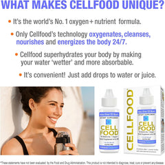 Cellfood gotas disolviéndose en agua, visual de mezcla rápida y fácil absorción