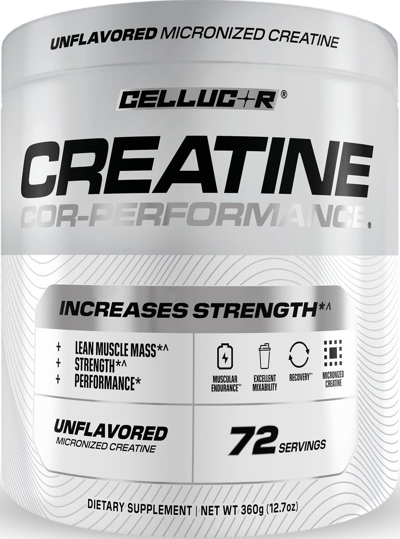 Cellucor envase frontal mostrando el tamaño y branding beneficios de pureza