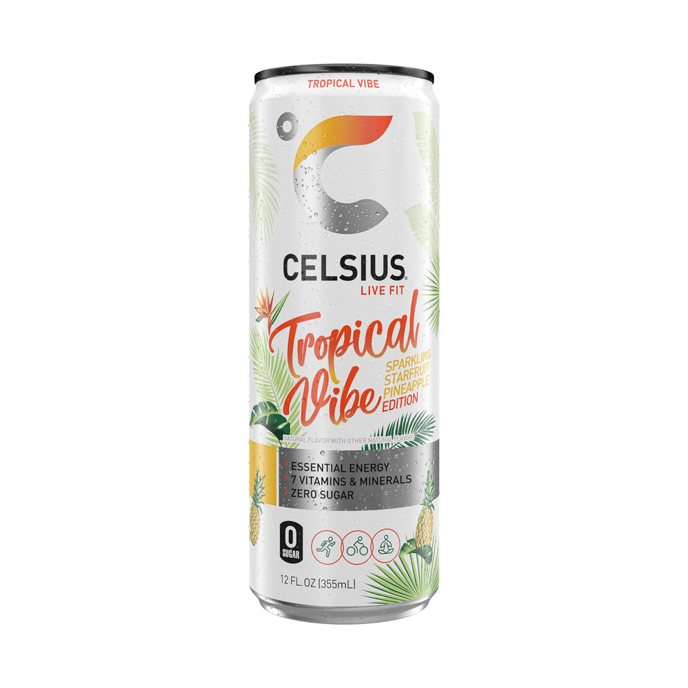 CELSIUS lata en escenario tropical sugiriendo sabor exótico y refrescante