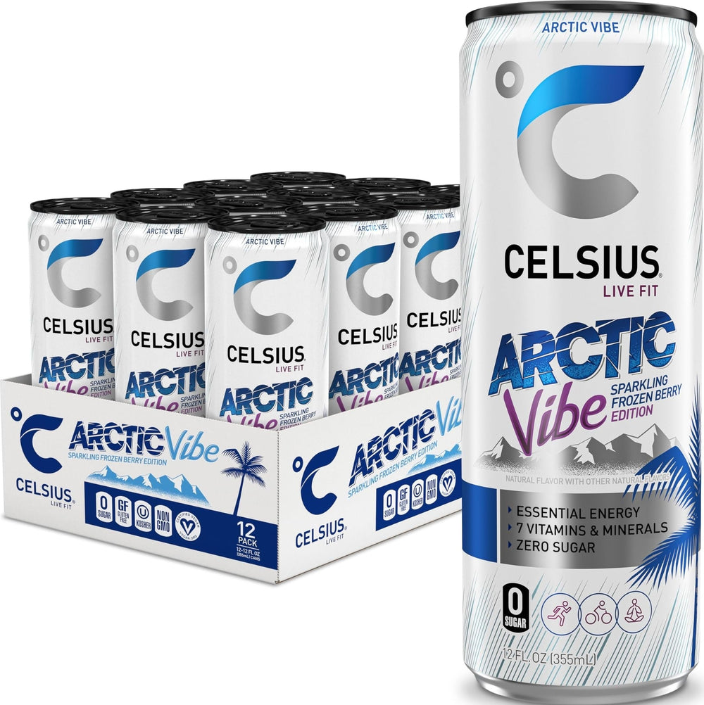 CELSIUS lata frontal Arctic Vibe mostrando diseño y tamaño práctico