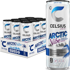 CELSIUS lata frontal Arctic Vibe mostrando diseño y tamaño práctico