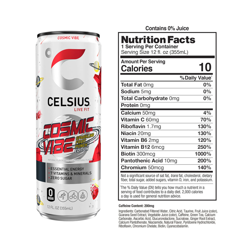 CELSIUS lata abierta con efervescencia destacando frescura y sabor activo