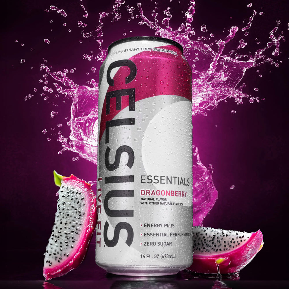 CELSIUS bebida junto a una persona en gimnasio destacando energía para el ejercicio