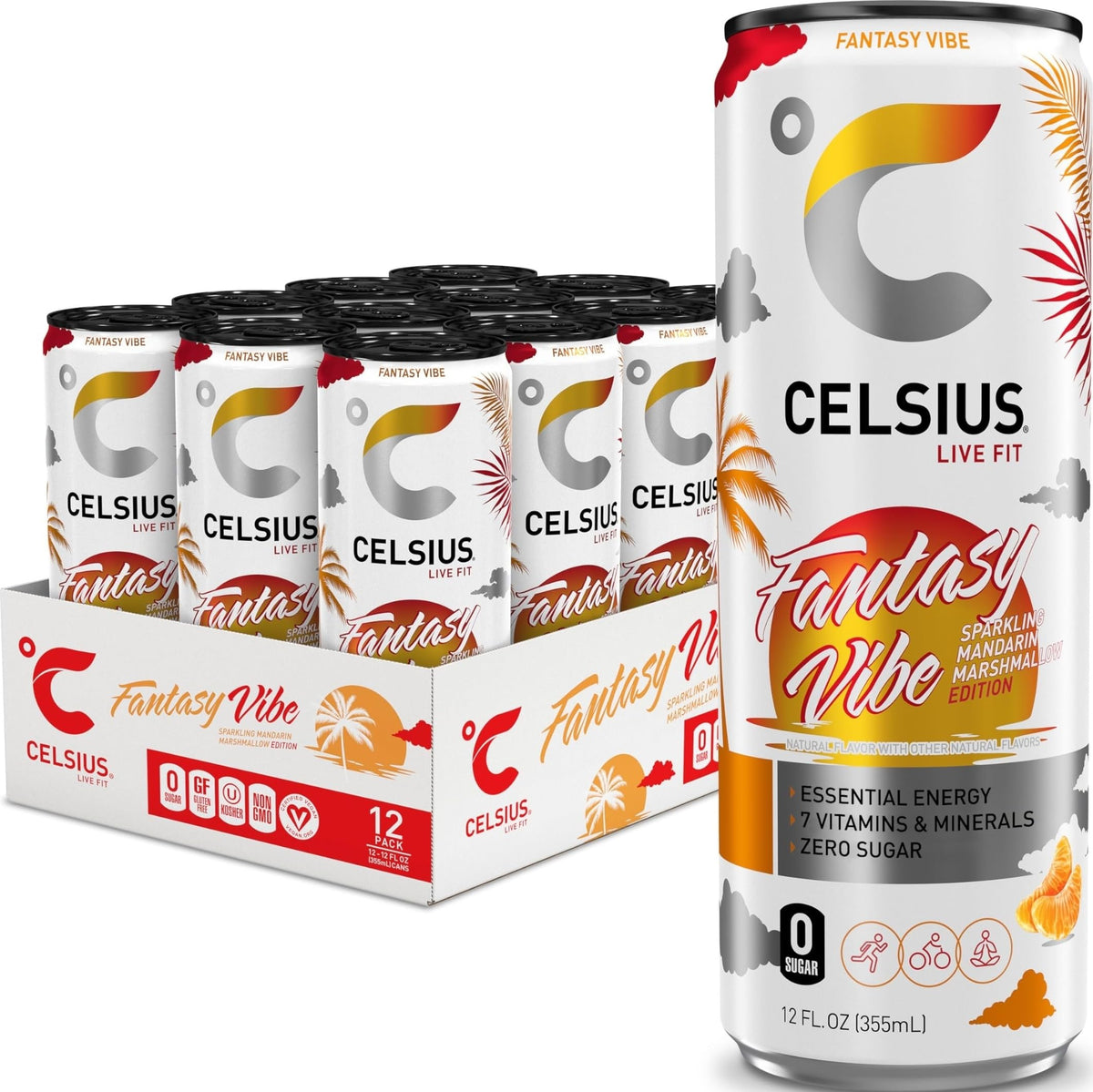 CELSIUS lata frontal con diseño mandarina y malvavisco, apariencia energética
