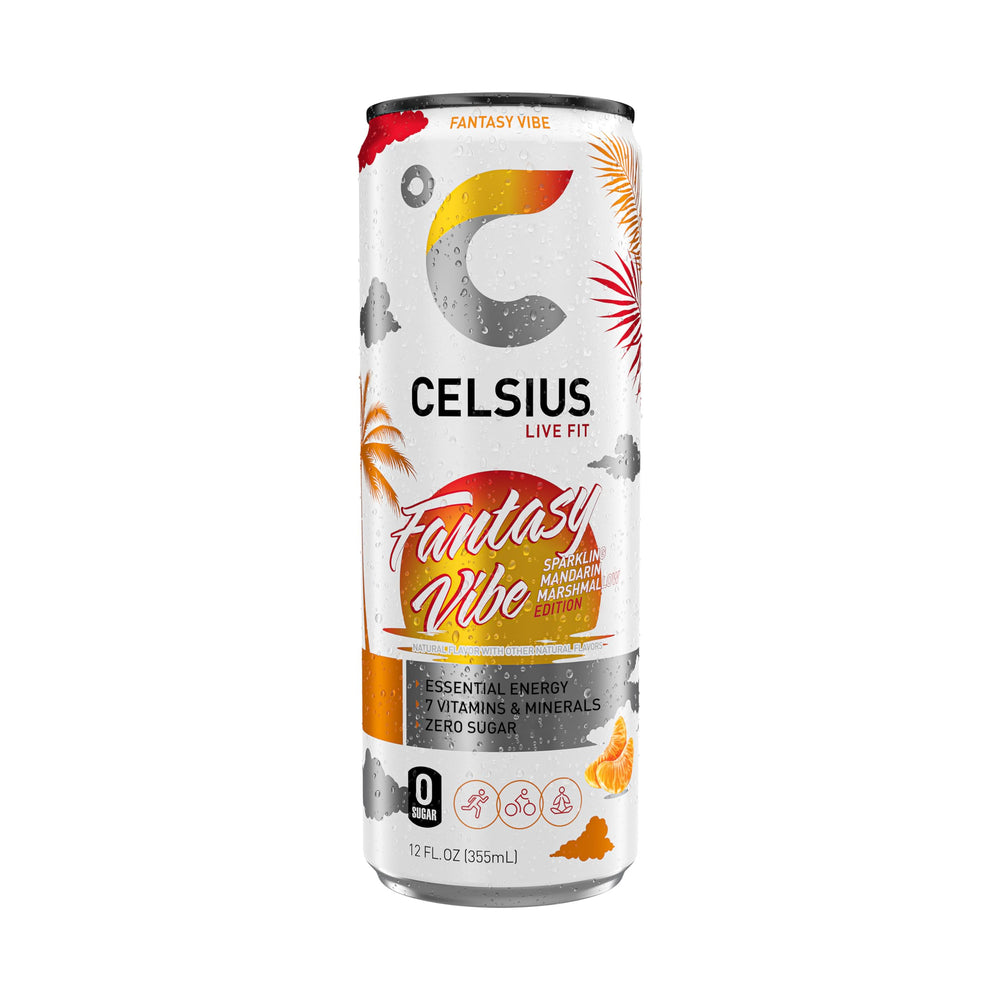 CELSIUS pack de 12 latas en mesa, conveniencia para almacenamiento