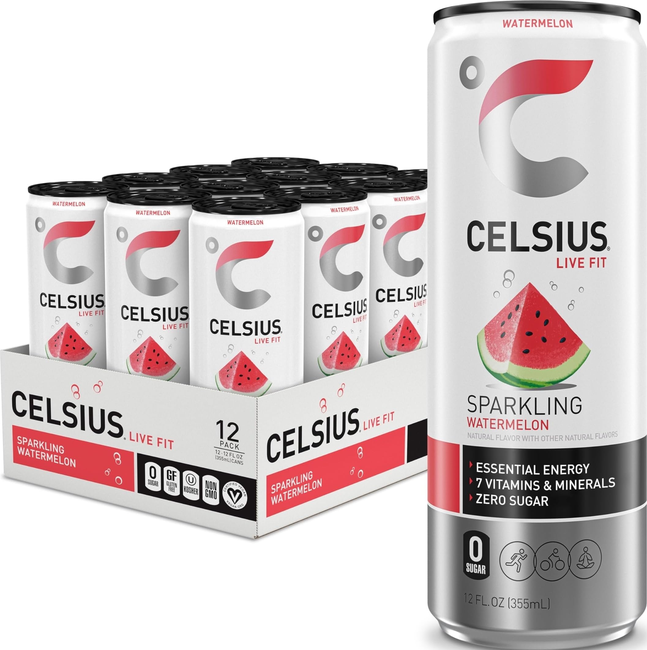 CELSIUS lata frontal pack de 12 con diseño sandía y energía funcional