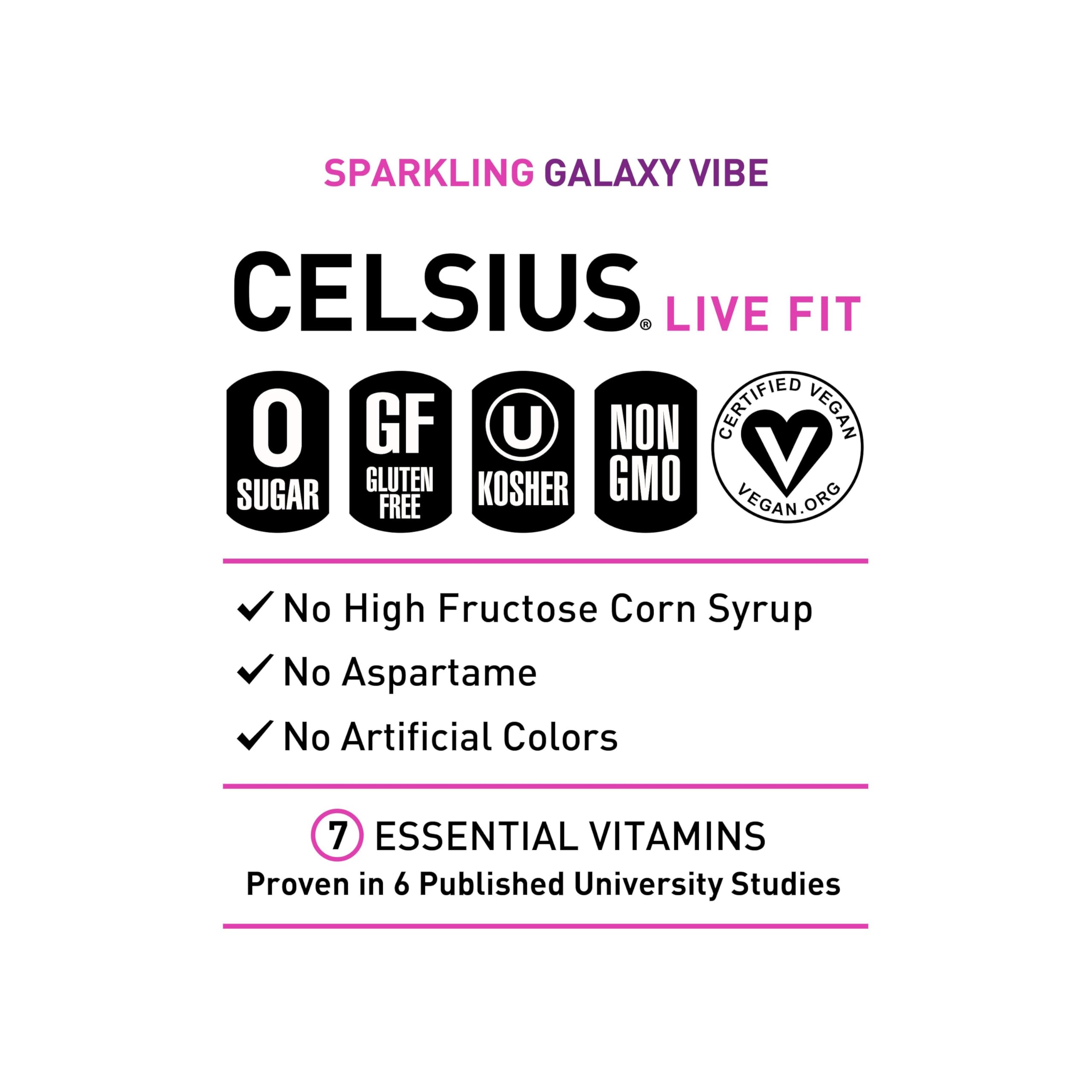 CELSIUS lata Galaxy Vibe en mano para mostrar tamaño y conveniencia
