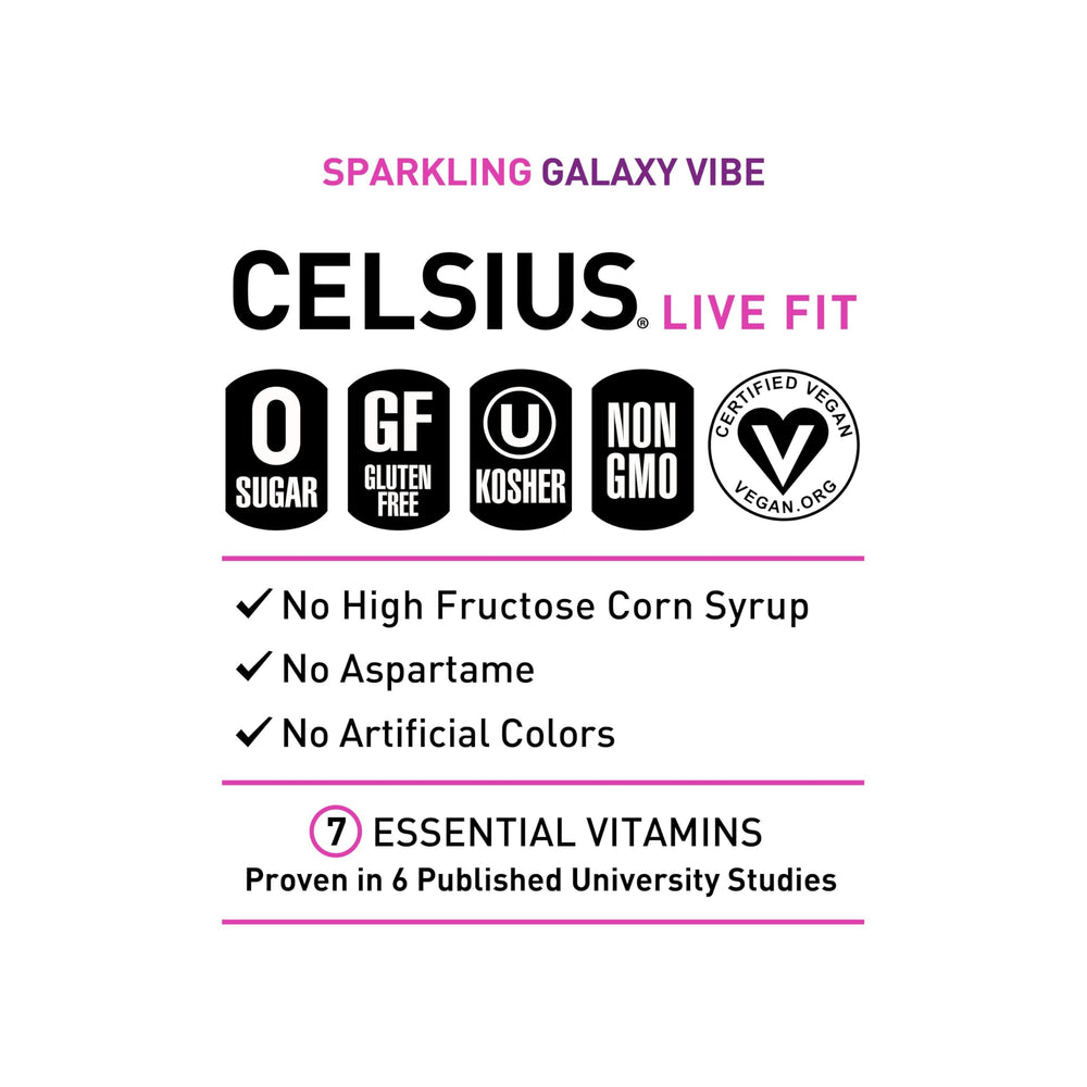 CELSIUS lata Galaxy Vibe en mano para mostrar tamaño y conveniencia