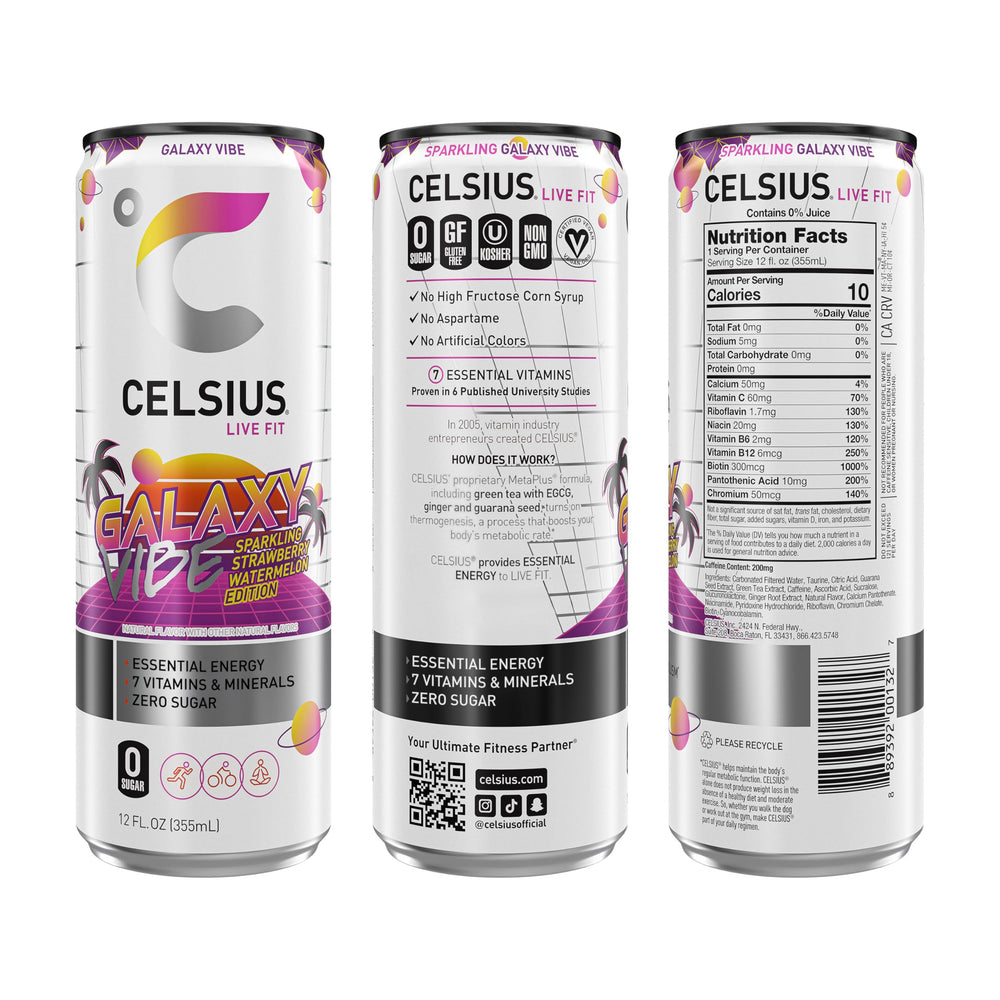 CELSIUS lata Galaxy Vibe vista en ángulo que resalta etiqueta y color