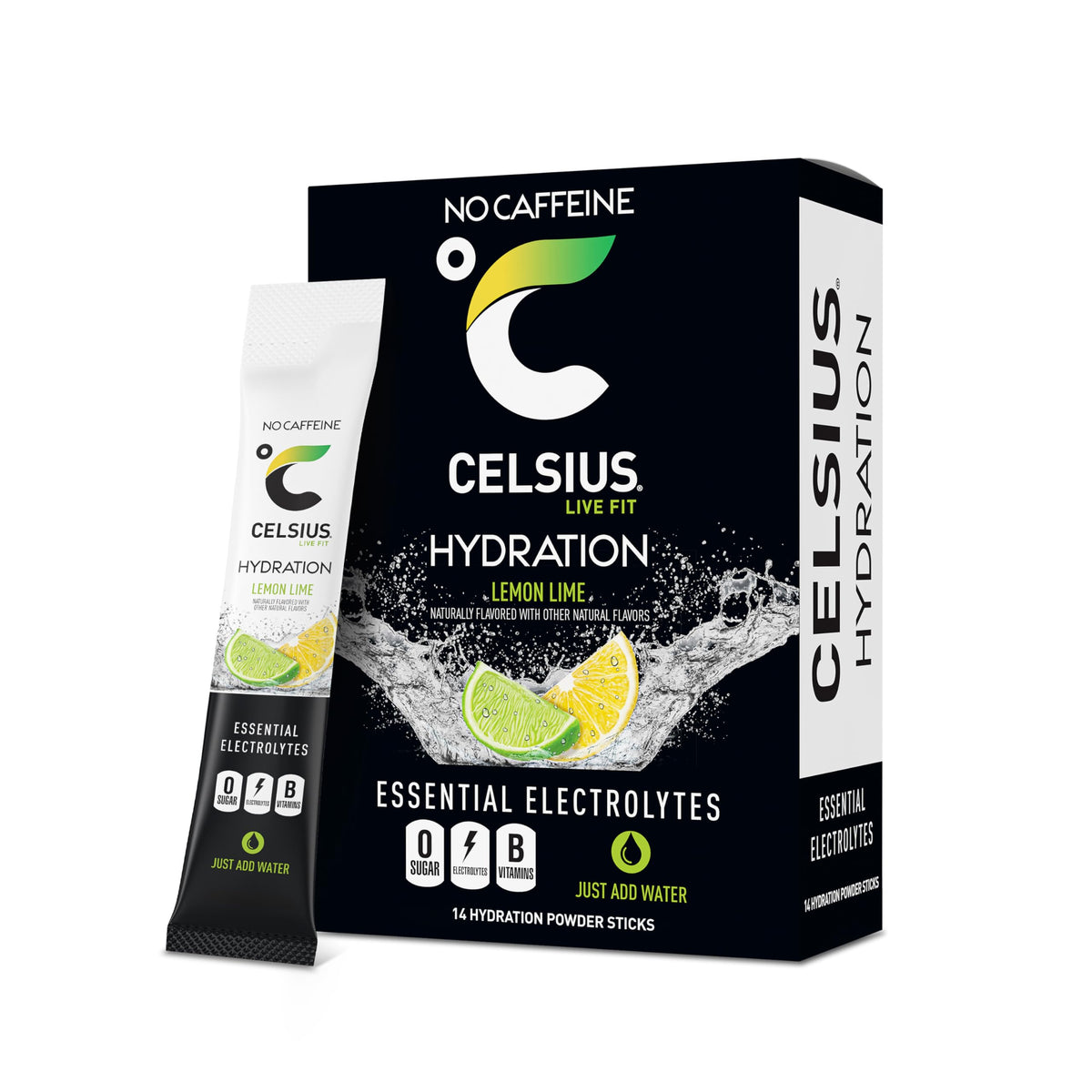 CELSIUS empaque frontal Lemon Lime mostrando diseño y beneficios