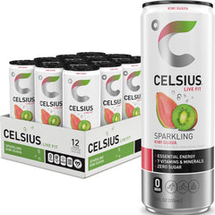 CELSIUS lata frente mostrando diseño y sabor kiwi guava