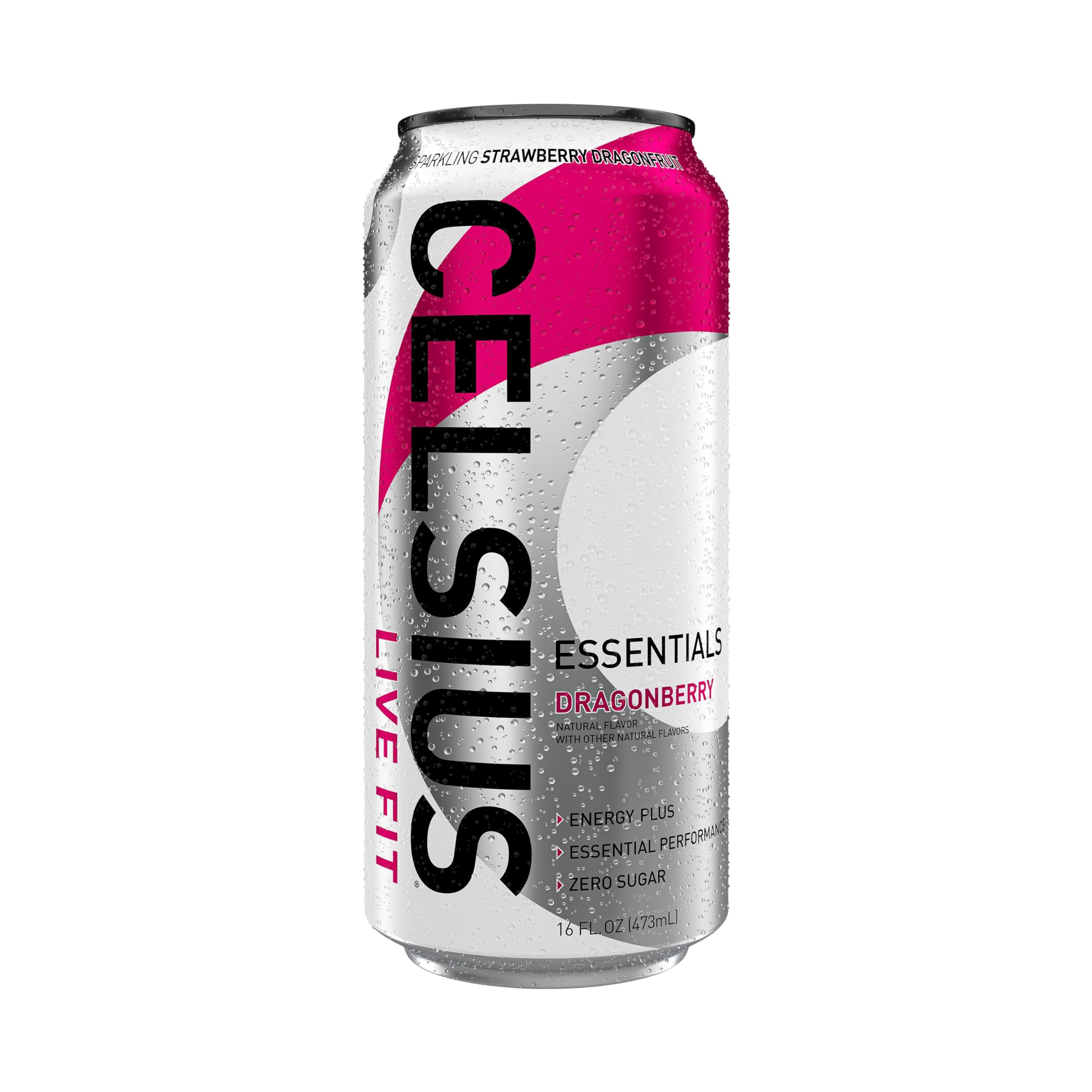 CELSIUS lata abierta con espuma ilustrando la carbonatación refrescante y lista para beber