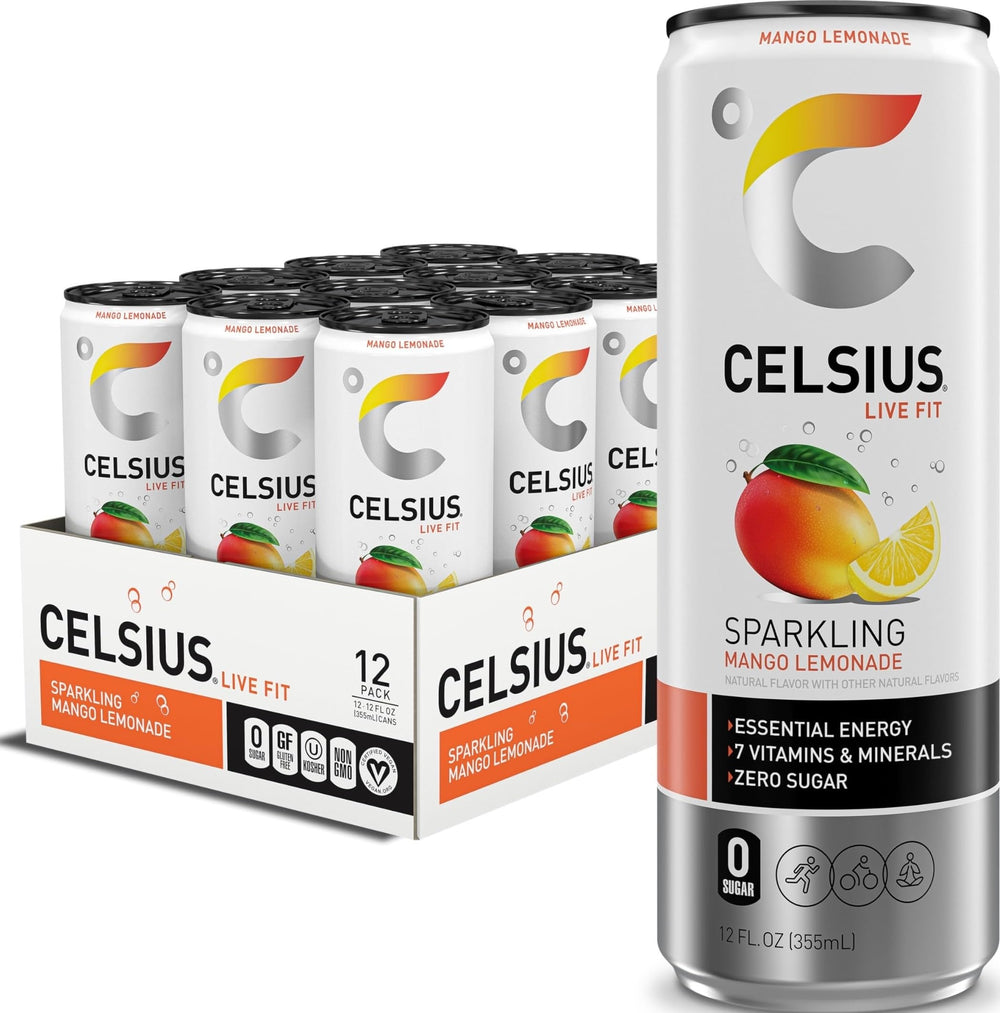 CELSIUS lata frontal mango limonada mostrando diseño y energía