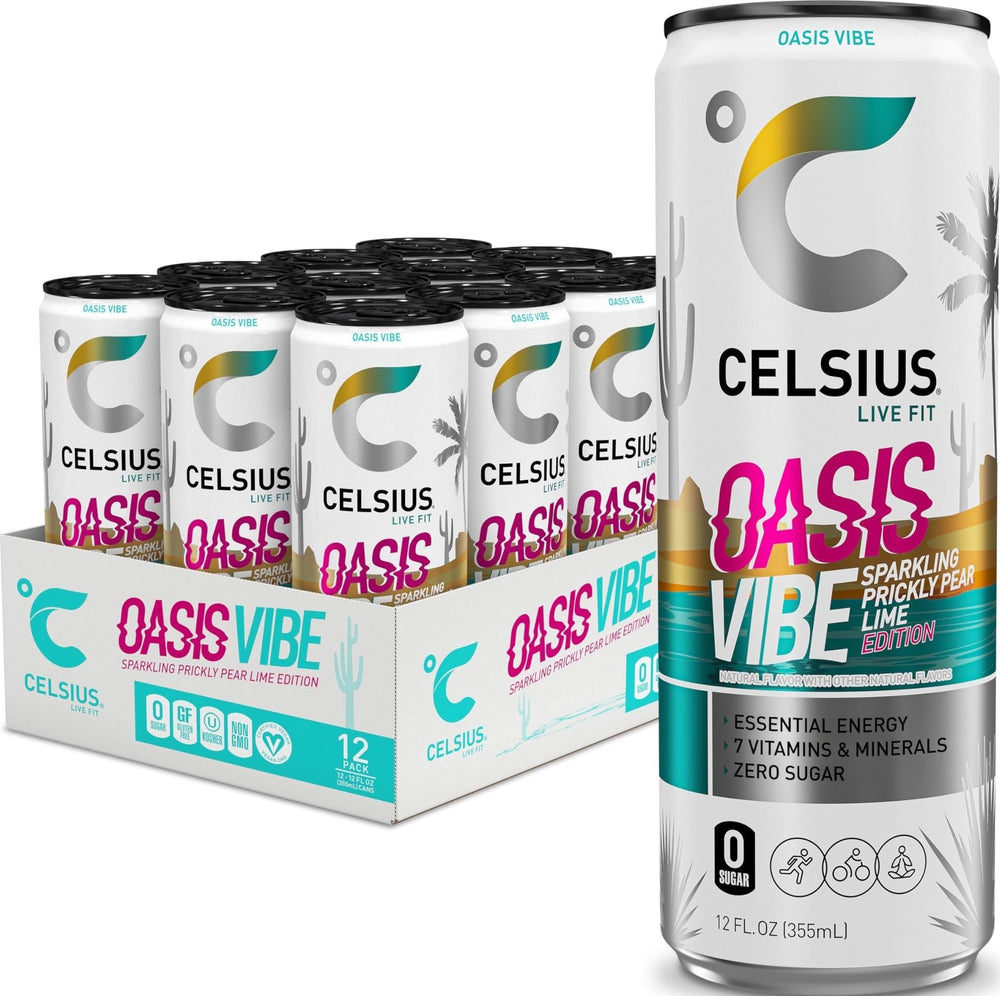 CELSIUS lata frontal mostrando diseño y sabor: refrescante y práctico