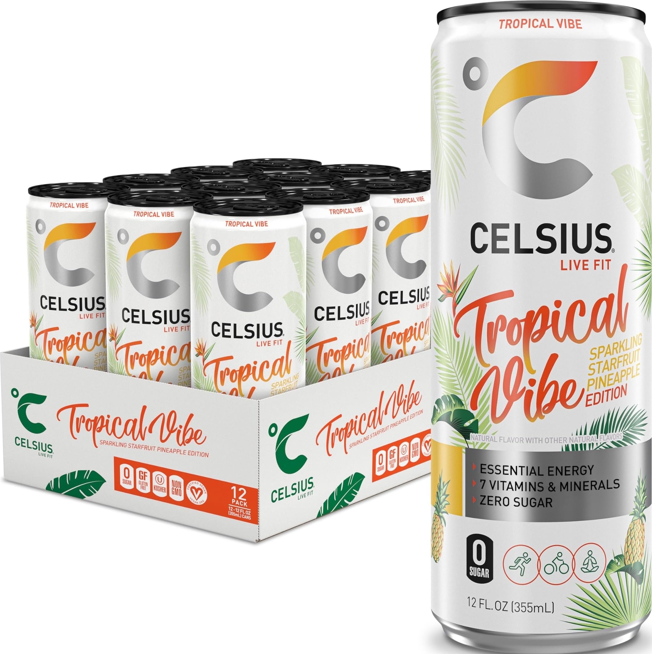 CELSIUS pack de 12 frente mostrando diseño tropical y conveniencia