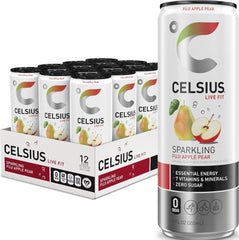 CELSIUS lata frontal Fuji Apple Pear mostrando diseño y conveniencia