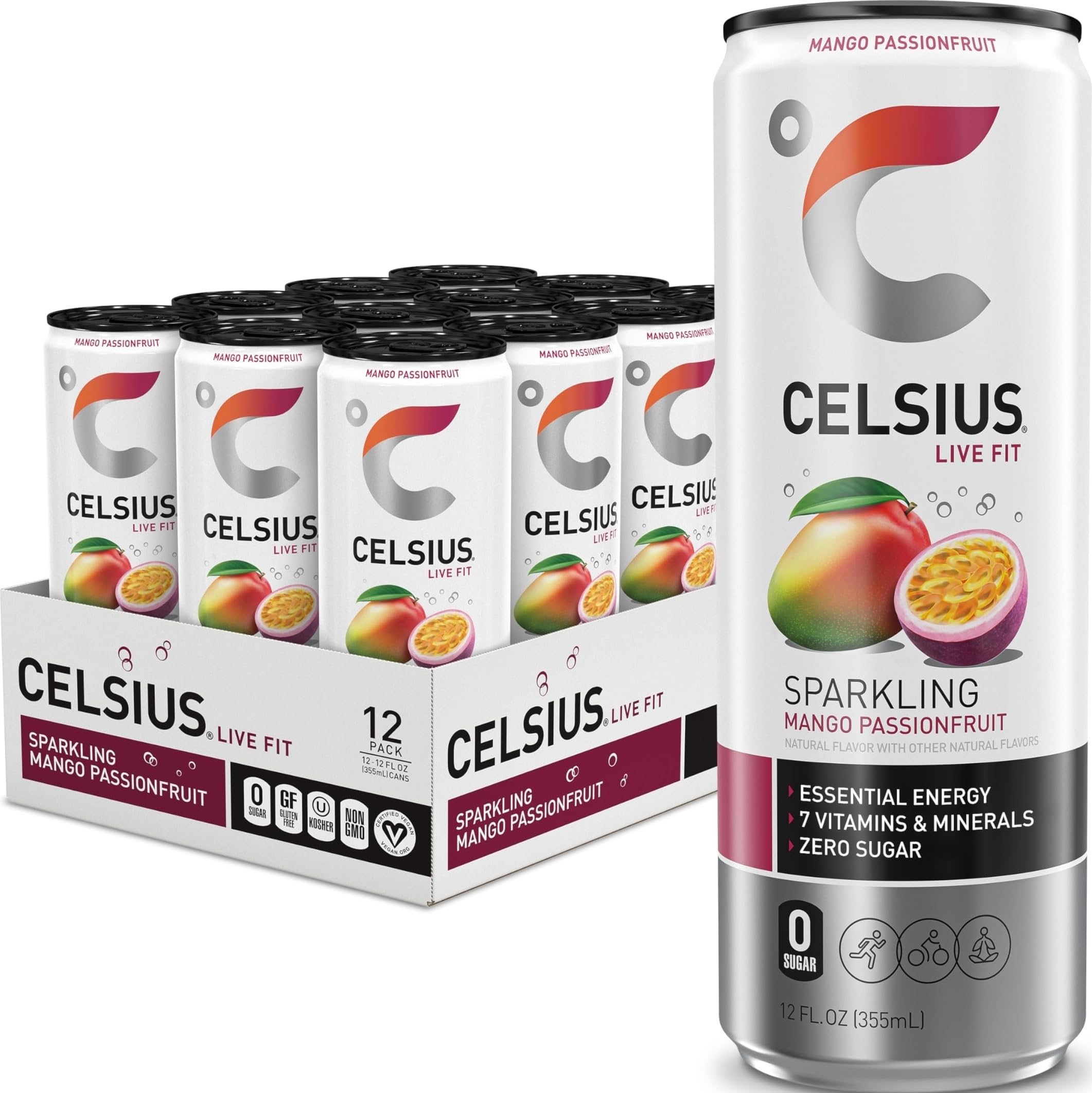 CELSIUS lata frontal mostrando diseño y sabor mango maracuyá
