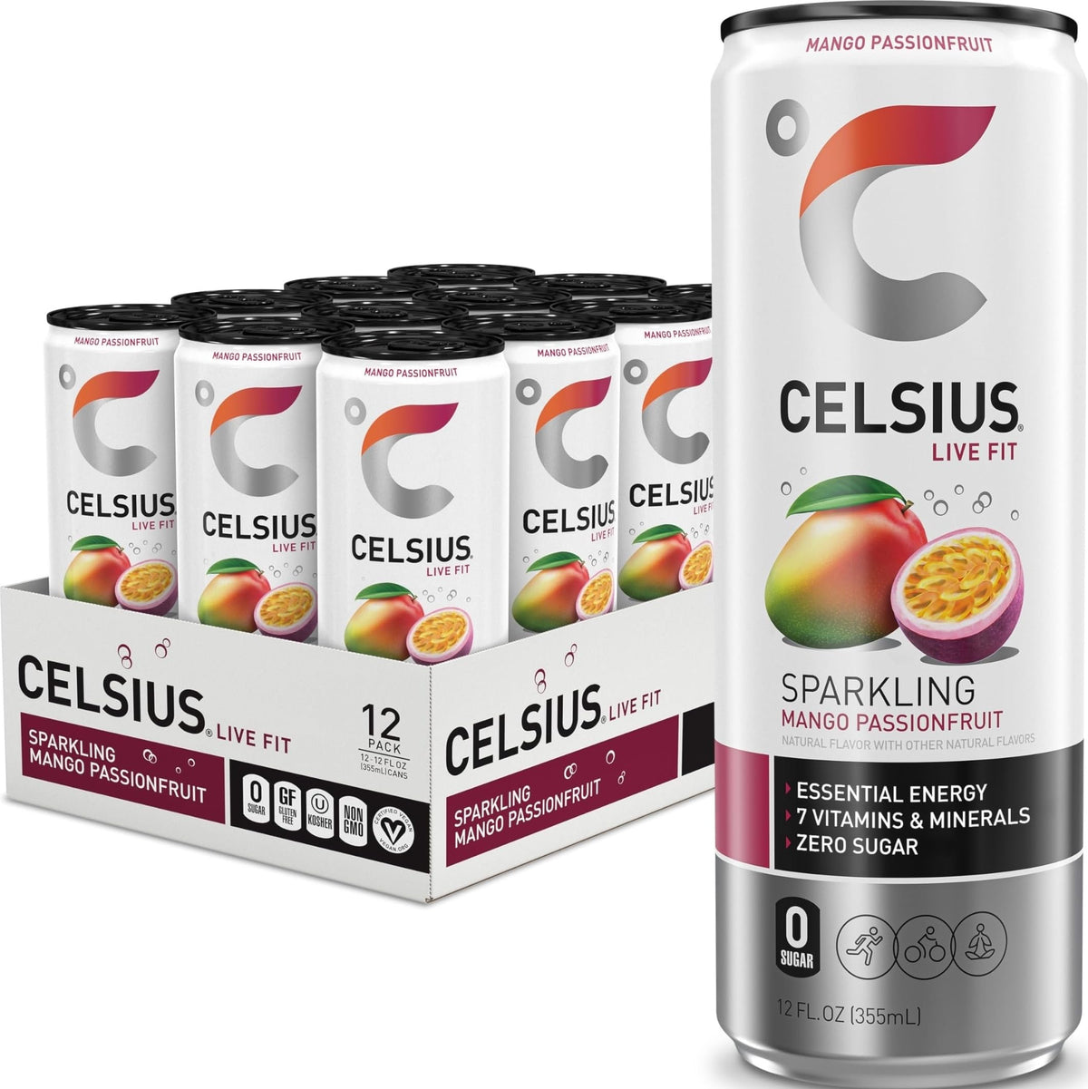 CELSIUS lata frontal mostrando diseño y sabor mango maracuyá