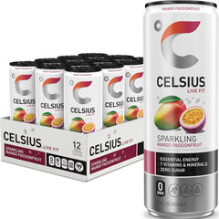CELSIUS lata frontal mostrando diseño y sabor mango maracuyá